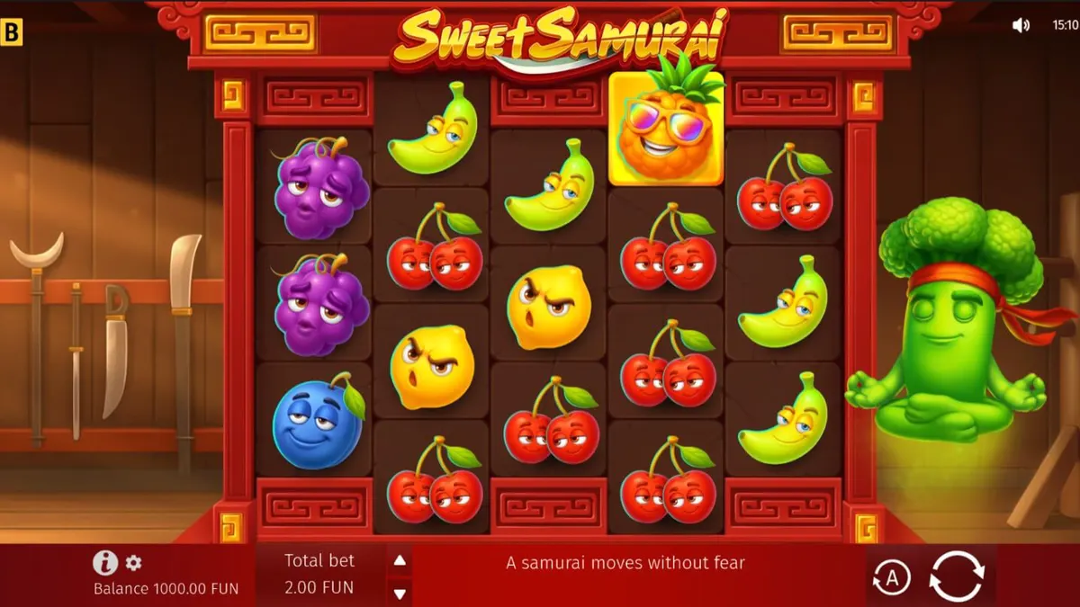 Ang Broccoli Samurai sa gitna ng makulay na Sweet Samurai slot machine
