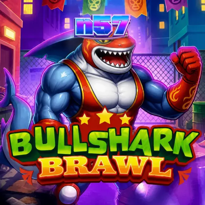 Bullshark Brawl slot machine interface na may mga wrestling shark characters.